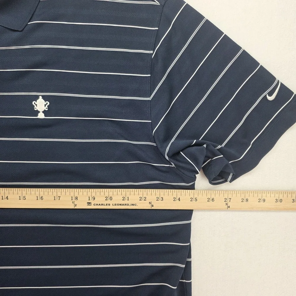 Nike Golf Polo Shirt Mens XL Navy Blue Striped Dri-Fit US Open Logo Performance